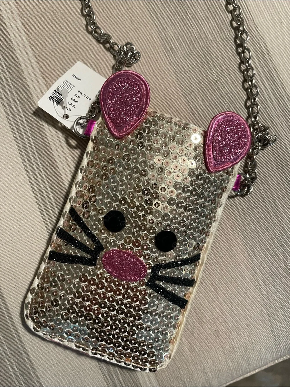 Justice Sequin Mouse Crossbody Bag - Silver with Pink Accents